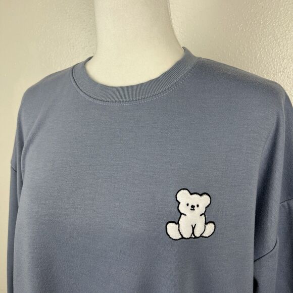 L.A.B. Studio Vivid Lauren Sweater Women Large Blue Grey Pullover Bear Patch - Picture 6 of 13